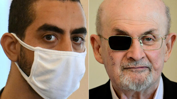 This combination of pictures created on February 11, 2025 shows Indian-British novelist Salman Rushdie (R) and his attacker, Hadi Matar. 