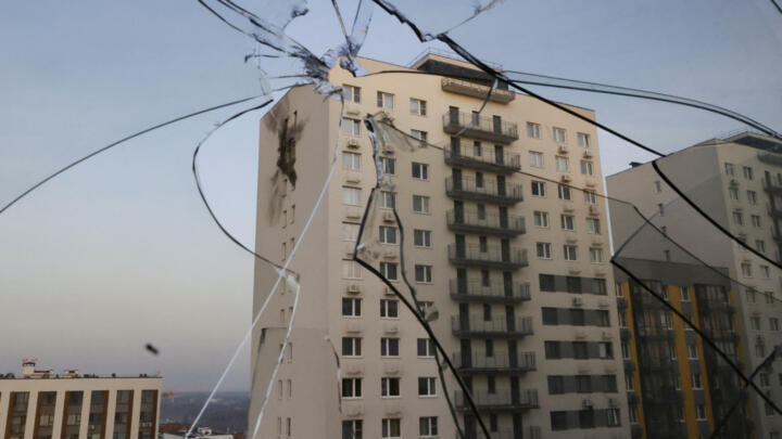A view shows a damaged apartment building in a residential complex in a previous drone strike in the village of Sapronovo in the Moscow region on March 11, 2025.
