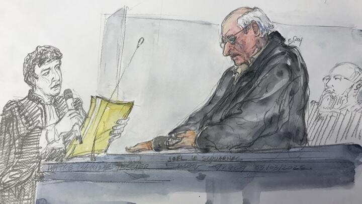 A court sketch created on March 5, 2025, showing lawyer Maxime Tessier and retired French surgeon Joel Le Scouarnec during his trial at at the Criminal Court in Vannes.