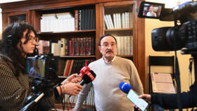 President of the Jewish community of Orleans Andre Druon speaks to the press at a synagogue in Orleans, central France, on March 23, 2025, the day after an attack to the rabbi of Orleans.
