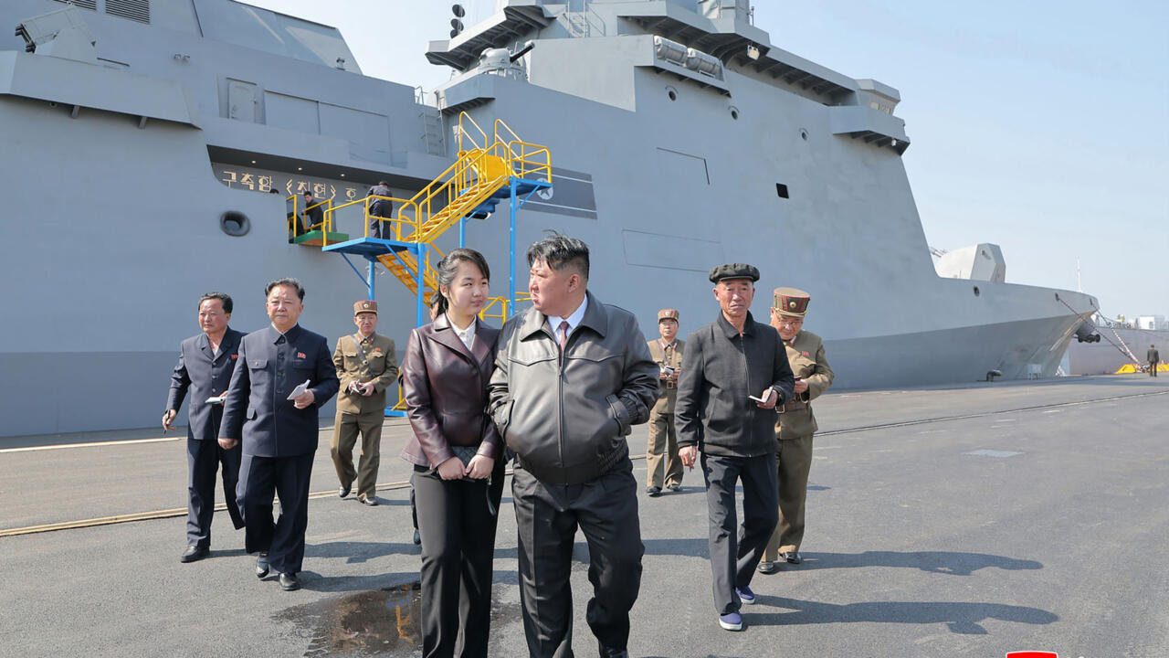 North Korea's leader Kim Jong Un with his daughter attending the test-firing of a weapons system from North Korea's latest destroyer, the Choe Hyon in late April, 2025.