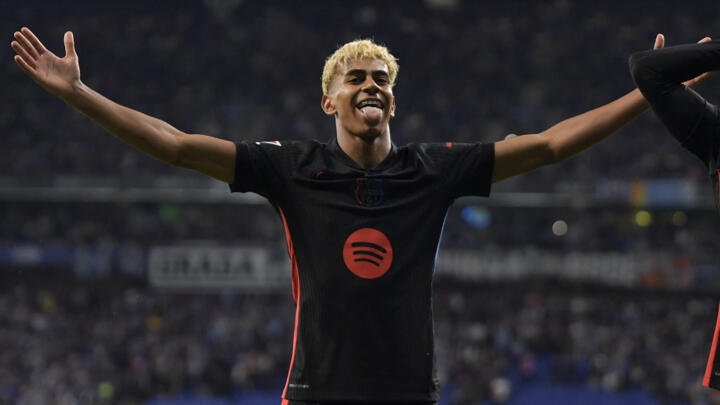 Barcelona's Lamine Yamal celebrates scoring against RCD Espanyol and FC Barcelona at the RCDE Stadium in Cornella de Llobregat, on May 15, 2025.
