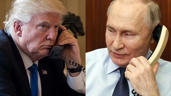 This combination of pictures created on May 19, 2025 shows President Donald Trump on the phone on January 28, 2017 in Washington, and Russia's President Vladimir Putin (R) on December 27, 2023.
