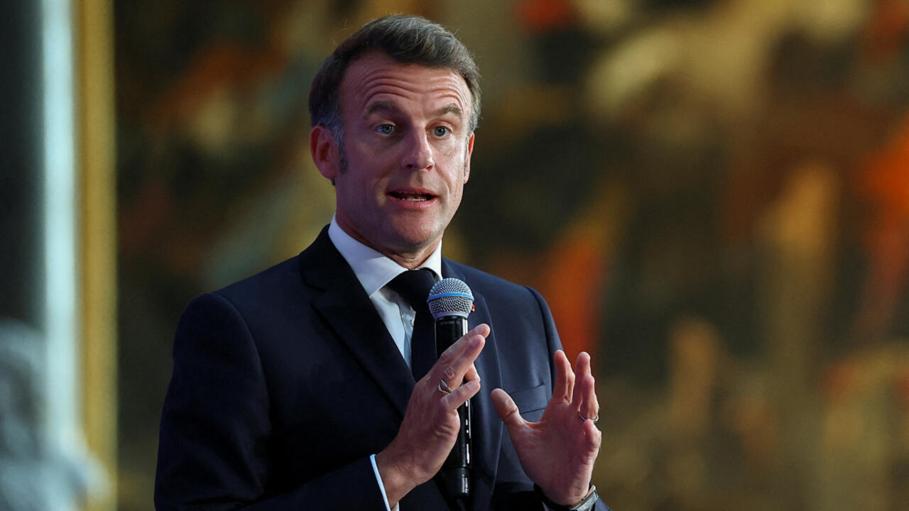 French President Emmanuel Macron at the Chateau de Versailles, near Paris, on May 19, 2025.