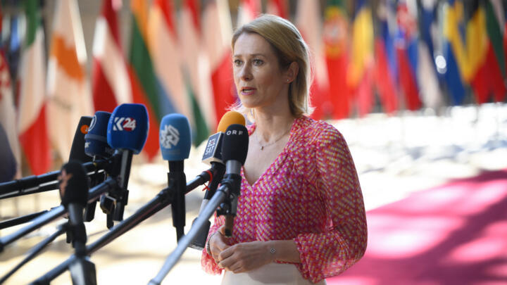 European Union for Foreign Affairs and Security Policy Kaja Kallas answers journalists questions as she arrives for a Defence Council meeting at the EU headquarters in Brussels on May 20, 2025.