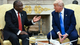 US President Donald Trump meets with South African President Cyril Ramaphosa in the White House Oval Office on May 21, 2025.
