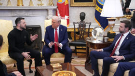 US President Donald Trump and Vice President JD Vance meet with Ukrainian President Volodymyr Zelensky in the Oval Office at the White House on February 28, 2025 in Washington.