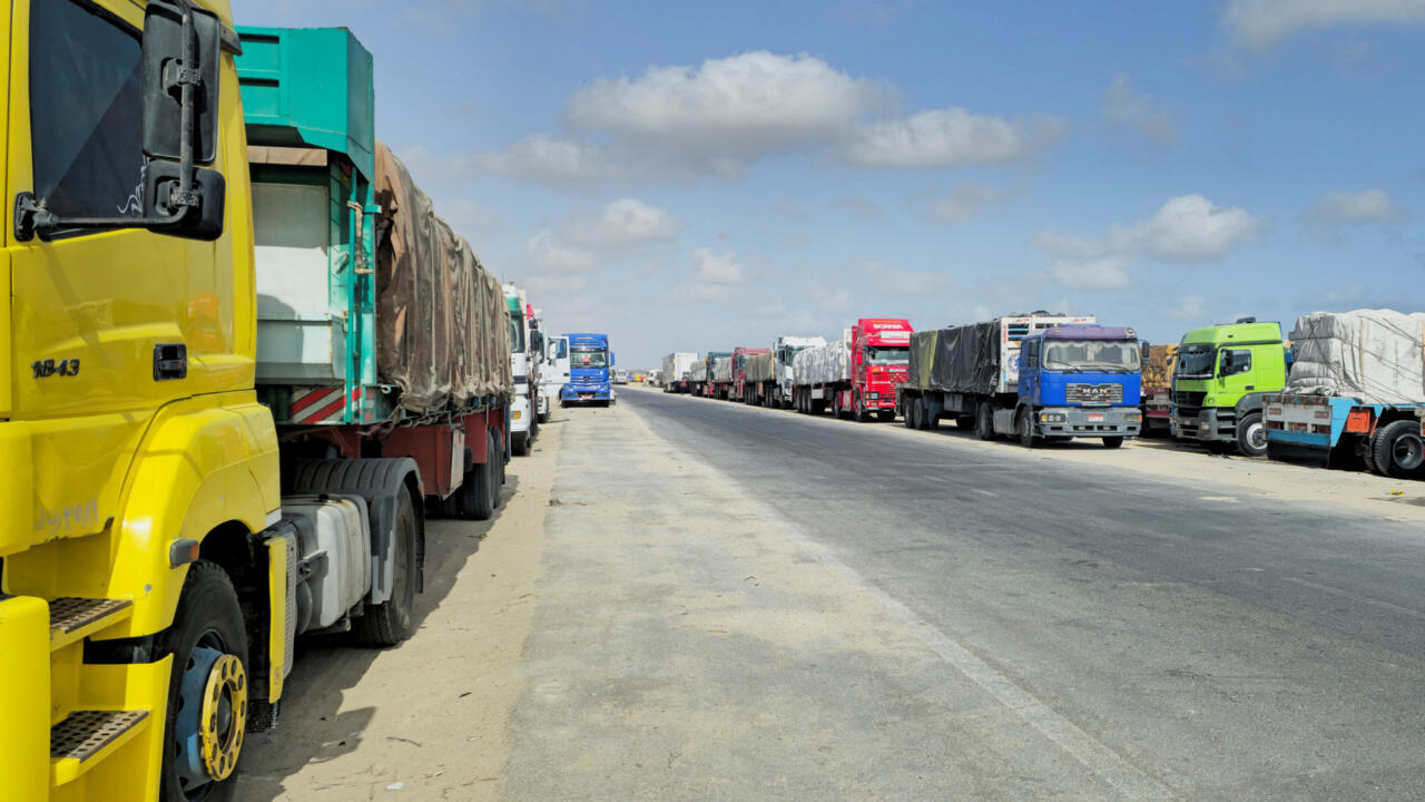 Trucks loaded with humanitarian aid for Gaza continue to wait in Al Arish to enter through the borders, in the North Sinai city of Al Arish, Egypt, May 19, 2025.