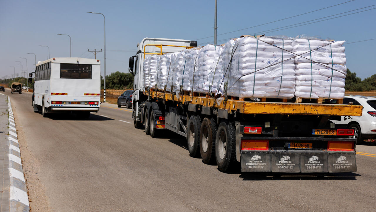 A view of an aid truck entering from Israel into Gaza, on the road to the Kerem Shalom crossing near the Israeli-Gaza border, May 21, 2025. 