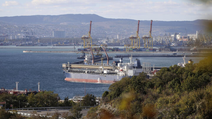File photo of an oil tanker moored at the Sheskharis complex in Novorossiysk, Russia, taken on October 11, 2022.