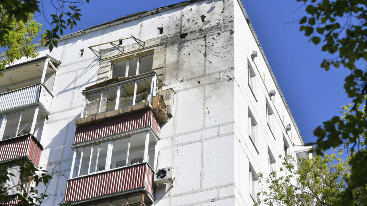This photo shows an apartment building where the downed Ukrainian drone fell at in Moscow, Russia, Tuesday, May 6, 2025.