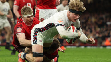 Henry Pollock scores his second try in the rout of Wales in March