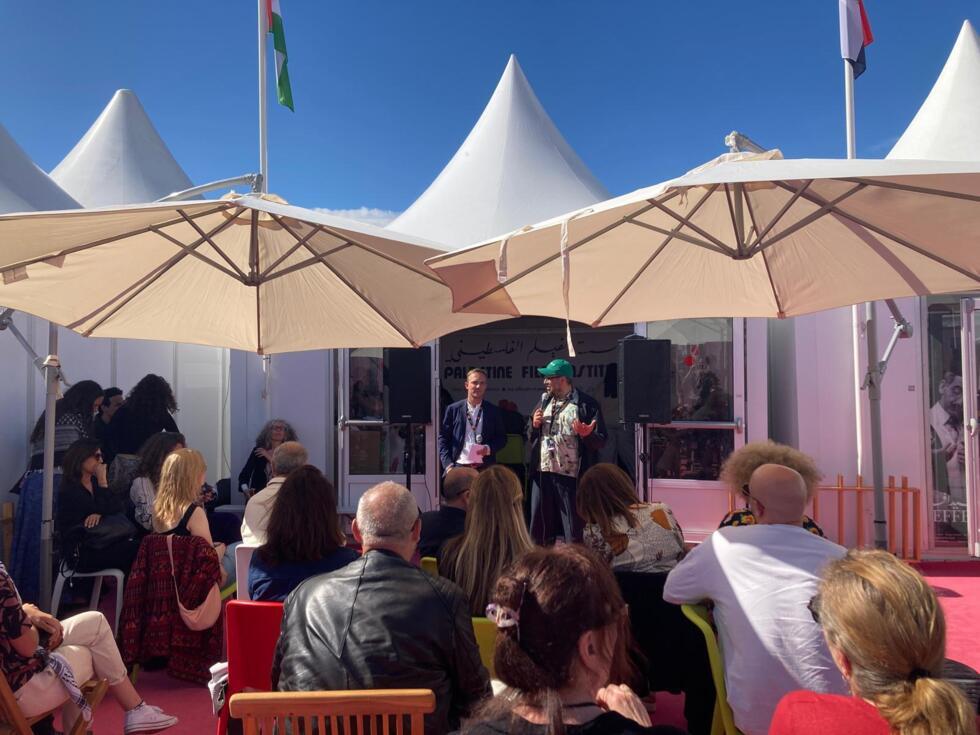 A discussion on financing movie projects at the Palestinian pavilion in Cannes.