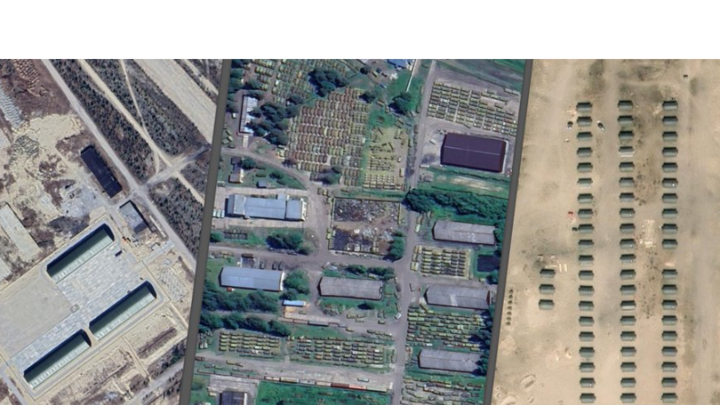 Satellite images showing new buildings and rows of tents indicating a growing Russian military presence near the Finnish border.
